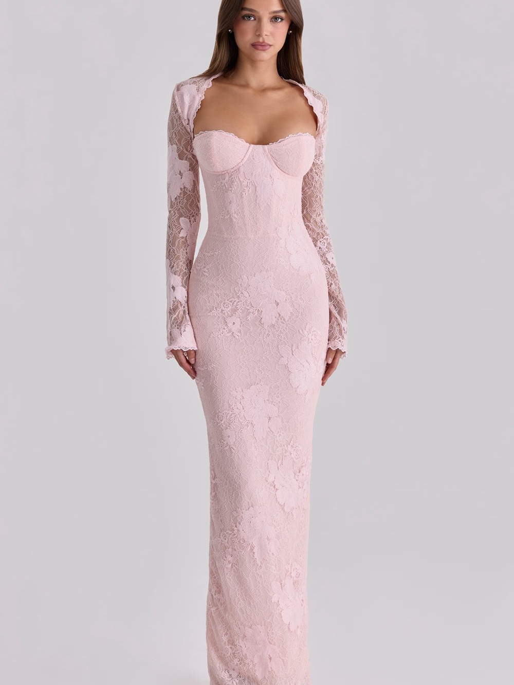 House of CB LUCIENNE Pink Lace Long Sleeve Maxi Dress